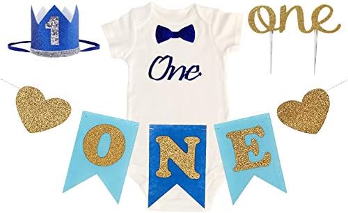 4 Item Set: Baby Boy One Year Old 1st Birthday Outfit, Crown, Banner Decoration, Smash Cake Topper
