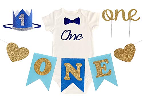 4 Item Set: Baby Boy One Year Old 1st Birthday Outfit, Crown, Banner Decoration, Smash Cake Topper