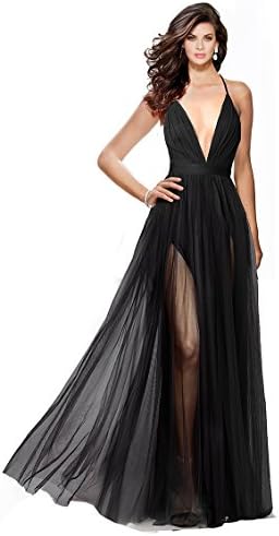 Alluring deep v-Neckline Spaghetti Straps Criss-Cross Open Back Tulle Dual Front Slits Evening Prom Formal Dress