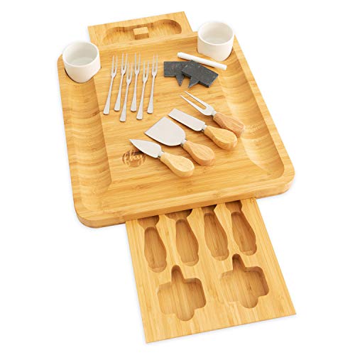 Bamboo Cheese Board and Knife Set - Wooden Charcuterie Platter & Serving Tray for Meat & Cheese with 2 Slide-Out Drawers, 6 Appetizer Forks, 6 Slate Labels, 4 Stainless Steel Knives & Bowls - (20 Pc)
