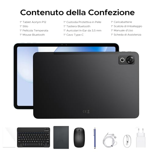 POPUX P12 Android 16 Tablet 12 Inches, T7280 Octa-Core, 48GB RAM+128GB ROM/2TB TF, IPS 2.4K Display 120 Hz, 10000 mAh, WiFi5, 8MP+13MP, Gemini AI, Tablet with Keyboard, Face ID/GPS/OTG/FM, Black