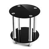 TAVR Glass Round End Table Industrial Night Stand Side Corner Coffee Table with Tempered Glass Shelves for Living Room Bedroom, Stainless Chrome Frame and Easy Assembly,Black ET1001
