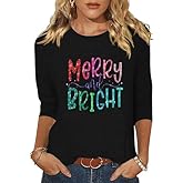3/4 Sleeve Merry Christmas Shirt for Women Xmas Tree Cute Graphic Blouse Indoor Basic Casual Festival Tops New Year Tee