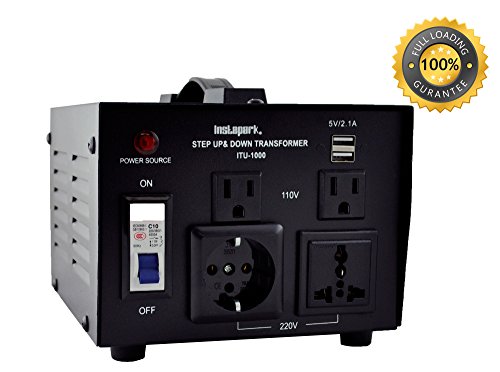 Instapark ITU-1000 Series Heavy-Duty AC 110/220V Step Up/Down Voltage Transformer/Converter with US Standard, Universal, German/French Schuko AC Outlets - 1,000 Watt