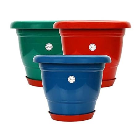 Gamla/Planter/Pot 10 - inch (Set of 3 Colourful pots) with Round Plastic Plant Saucer/Bottom Plate 6-inch (Set of 3 pcs) (Colour May Vary) for Garden Balcony Flowering Pot (Multicolor)