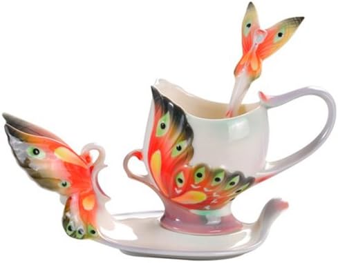 Choholete Porcelain Ceramic Tea Coffee Cup Set Elegant Red Butterfly 1 Cup 1 Saucer 1 Spoon
