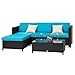 Peach Tree 5 PCs Outdoor Furniture Sectional Sofa with Ottoman and Glass Table Set Patio Black PE Rattan Wicker Sofa with Turquoise Cushions