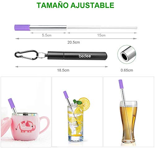 Bedee Paja Plegable, pajitas Reutilizables de Metal, Puntas de Silicona Ecológico Sin BPA Pajas de Beber con 2 Cepillos de Limpieza para Bebidas Juice Coffee Cóctel para Adultos y Niño 2 Piezas