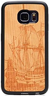 Carved Galleon Engraved Cherry Samsung Galaxy S6 Edge Traveler Wood Case - Black Protective Bumper with Real All Wooden Cover