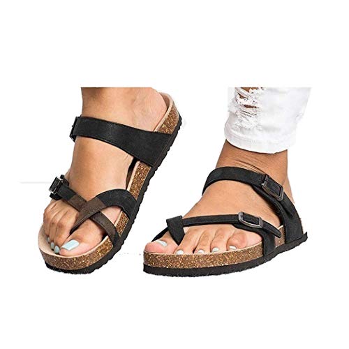 Happeks Women's Gladiator Sandals Ankle Buckle Crisscross Thong Flip Flop Strappy Summer Flat Shoes Black