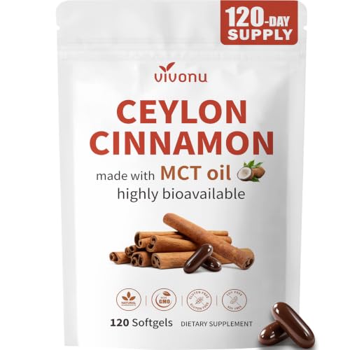 2-in-1 Organic Ceylon Cinnamon with MCT Oil Supplements Softgels, 120 Day Supply, Authentic Sri Lankan Source, Liposome Highly Bioavailable Extract, Energy & Metabolism Support, Large Granule Softgels
