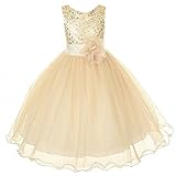 Kids Dream Little Girls Gold Sequin Bodice Floral Overlaid Flower Girl Dress 2-6