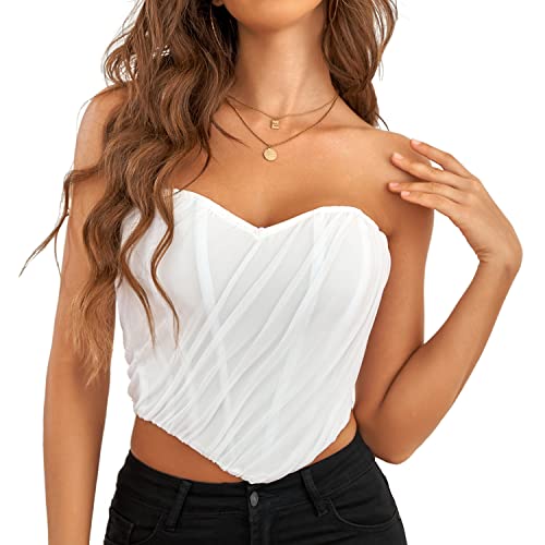 SZIVYSHI Strapless Corset Top for Women, Open Back Bustier, Aesthetic Exotic Cute Y2k Hourglass Shape Push Up Overbust Fashion Shirt, Crop Top for Going Out (White,XL)