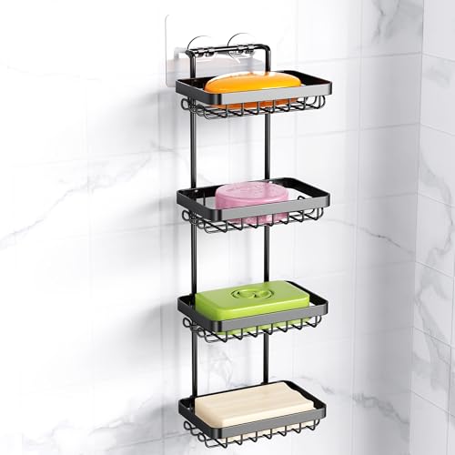 Nieifi 4 Tier Soap Holder Shower, Stainless Steel Adhesive Bathroom Shower Wall Dish Holder with Hooks, Black