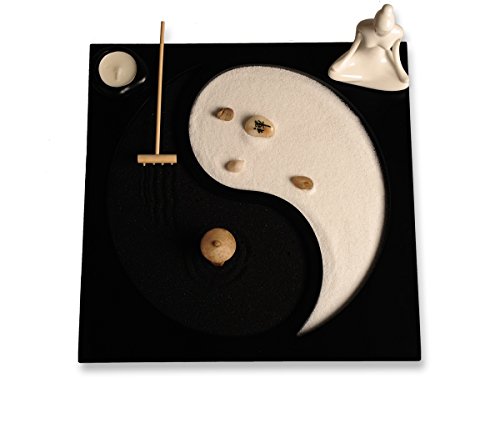 ICNBUYS Tai Chi Pattern Zen Garden with Buddha Status Wooden Rake Rocks Mini Pavilion and Candle Holder Set with Free Rake and Pushing Sand Pen Base Tray Dimensions 11.8 x 11.8 x 0.4 inches - Thumbnail 4