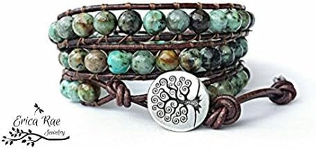 African Turquoise gemstone leather triple wrap tree of life bracelet