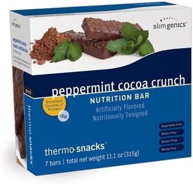 SlimGenics Thermo-Snacks 15g Protein Alleviate Cravings, Increase Energy and Mental Focus, Enhance Weight Loss Results Kosher Certified, 150 Calories 7 Bars Peppermint Cocoa