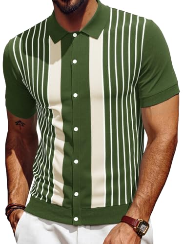 Les umes Polo Men Striped Retro Short Sleeve Cardigan Cotton Summer Golf Casual