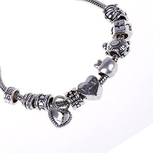RUBYCA 50pcs Bulk Tibetan Silver Color Loose Charm Beads and 1pcs European Charm Bracelet 8.3 Inch