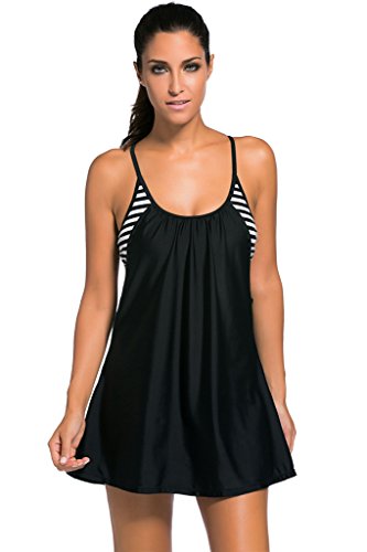 Tiksawon Women Flowing Swim Dress Layered 1pc Tankini Top Swimsuit