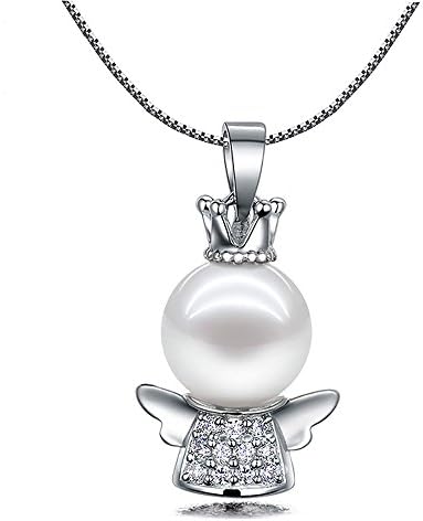 LOCHING Cute Fashion Crown Wings Little Angel Inlaid Zircon and Pearl Pendant 925 Silver Pendant Necklace