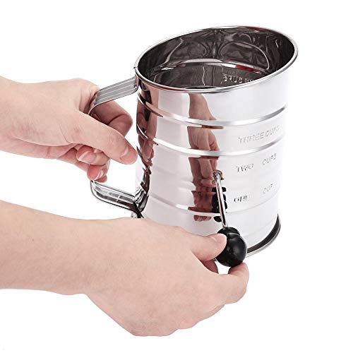 Flour Sifter Hand-Crank,3 Cups Flour Sifter Sieve 4-Wire Agitator Cakes,Pies,Pastries,Cupcakes Sugar Duster Sifter Stainless Steel Home Kitchen Use (Silver)