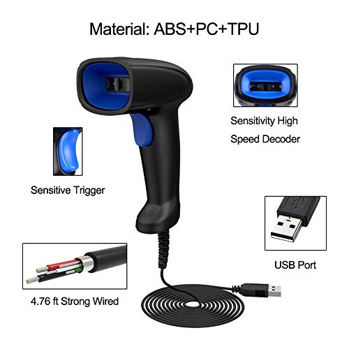 1D USB Barcode Scanner with Stand Fast Scanning Wired Handheld Bar Code Reader for 1D UPC PDF Book Quickbooks Library Label (Black)