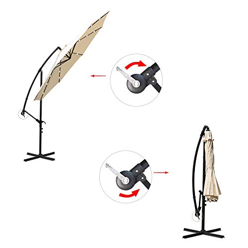 Ediors 10ft Deluxe Solar Power Outdoor Patio Umbrella - Offset Cantilever Sun Umbrella, Hanging Shade Umbrella w/32 LED Lights | Crank Lift System | Cross Base (10ft with 32 LED, White)