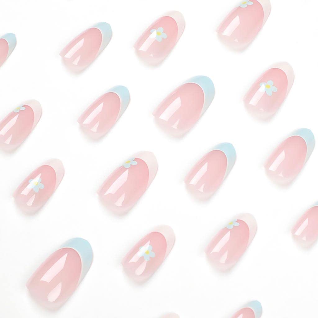RikView French Tip Press on Nails Medium Fake Nails White Stick on Nails with Flowers Design Almond Blue Nails for Women - Image 3