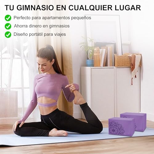 2 Bloques de Yoga Block, Bloques de Espuma EVA con 1 Correa de Yoga, para Bloque de Yoga Suaves, Resistente al Olor y Antideslizante para Yoga, Pilates, Meditación, Apoyar y Profundizar Posturas