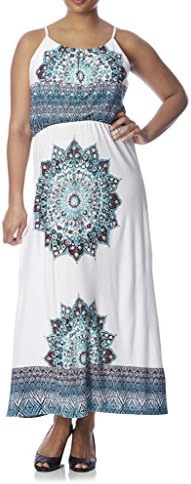 [77944XR-BNE-S] Love Collection Boho Print Maxi Dress for Women, Plus Size, Cinched Waist,Bone Combo,1X Plus