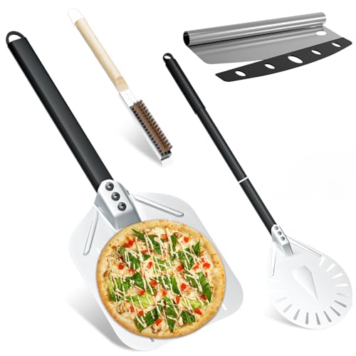 4 Piece Pizza Set - Perforated Pizza Peels 30 cm + 9 Inch Round Aluminium Pizza Peel + Professional Pizza Cutter + Cleaning Brush for Pizza Oven Made of Palm Fibre Bristles