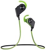 STEREO WIRELESS BT HEADSET-In-Ear Headphones-Loud Bass-Magnetic Power-Noise Cancelling Mic-Sweatproof for Running Gym Sports-iPhone 6s 6 SE plus Galaxy S7 S6 edge Android Phone (Green/Black)