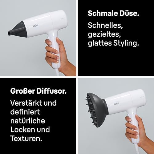 Haartrockner HD2.21 – Leichter Haartrockner mit Diffusor und Stylingdüse für alle Haartypen, IONTEC Technologie, 2200 W, 3 Temperaturen und 2 Geschwindigkeiten, Weiß, BRHD226E