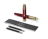PARKER Sonnet Fountain Pen, Red Lacquer with Gold Trim, Solid 18k Gold Fine Nib