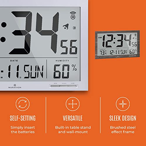 Marathon Slim Jumbo Atomic Wall Clock, Silver Large, 15Inch Display