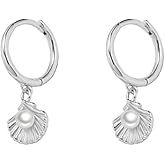 Cute Shell Pearl Huggie Small Hoop Earrings Dangle Drop for Women Teen Girls 925 Sterling Silver 14K Gold Filled Boho Beach Simple Charm Hoops Delicate Hypoallergenic Summer Jewelry Gift Daughter