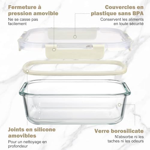 Boite Alimentaire Verre avec Couvercle Hermétique - Lot de 10 Lunch Box Verre Réutilisables, Sans BPA, Compatibles Micro-ondes, Four, Lave-vaisselle, Congélateur, Blanc