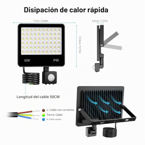 LAMLAMCK LED Spotlight with Motion Sensor 50W – 2 Pieces 5000LM 6500K White Outdoor LED Spotlights with Motion Sensor, IP66 Waterproof Outdoor Projector for Patio, Garden, Walkway, Garage