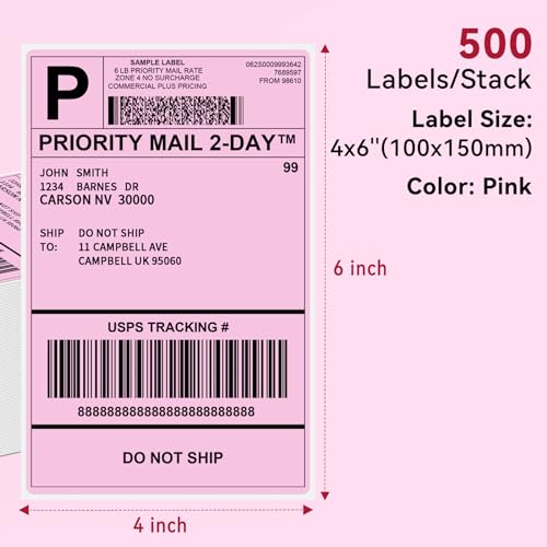 Phomemo 4 x 6 Inches 500 Pink Shipping Labels Compatible with Munbyn Printers Phomemo Thermal BPA Free Self-Adhesive 100 x 150 mm