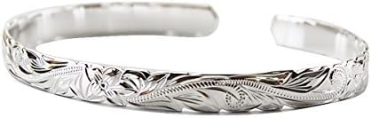 BreezyIsland 6mm Wide Plumeria & Scroll Hawaiian Jewelry Bangle Silver 925