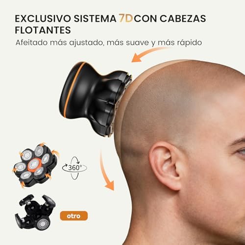 Afeitadora Cabeza Hombre, Maquina Afeitar Hombre, Afeitadora para Calva en Seco y Húmedo, Batería de Larga Duración, 7 Cabezales, Magnético, 100% impermeable, Color Negro