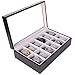 CASE ELEGANCE Solid Espresso 12 Slot Wood Watch Box Organizer with Glass Display Top