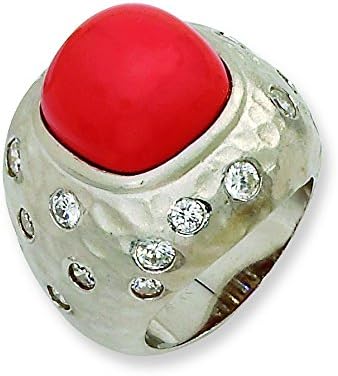 Sterling Silver Satin Simulated Red Coral &amp; Cz Ring, Size 8