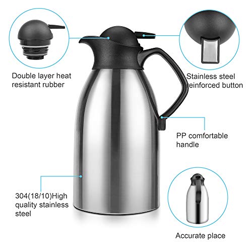 Coffee Carafe Insulated Thermos for Keeping Hot, Stainless Steel Double Walled Vacuum Thermal Carafes for Coffee, Hot Water, Tea, Beverage, 2L (68 Oz)