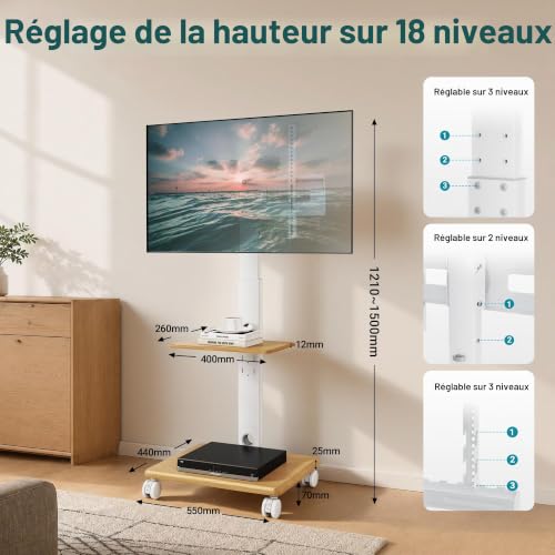 BONTEC TV Stand with 5 Castors, 32-80 Inches, Load 60 kg | Universal TV Stand Height Adjustable 1210-1500 mm, Tilt, Swivel, Wooden Base, VESA 600 x 400 mm