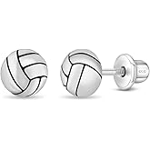 925 Sterling Silver Polished Volleyball Safety Screw Back Earrings For Little Girls & Preteens - Athletic Studs For Kids - Sports Volleyball Themed Screwbacks For Children