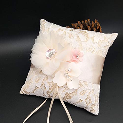 Aisheny 1Pc Floral Lace Ring Pillows, Bridal Wedding Ceremony Pocket Bearer Cushion Pillow Cushion with Ribbon (Color : Beige)
