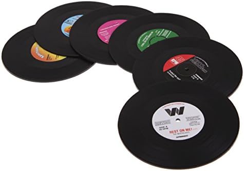 Vinyl Record Coaster Set - Pack of 6 Retro Novelty Drink Mats, Black