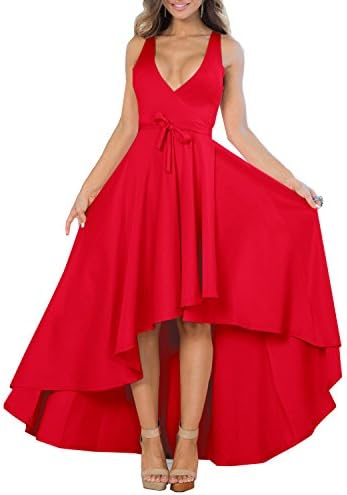 XIONGMEI Women's Sexy V Neck Sleeveless High Low Hem Cocktail Evening Party Dress (Small, Red)